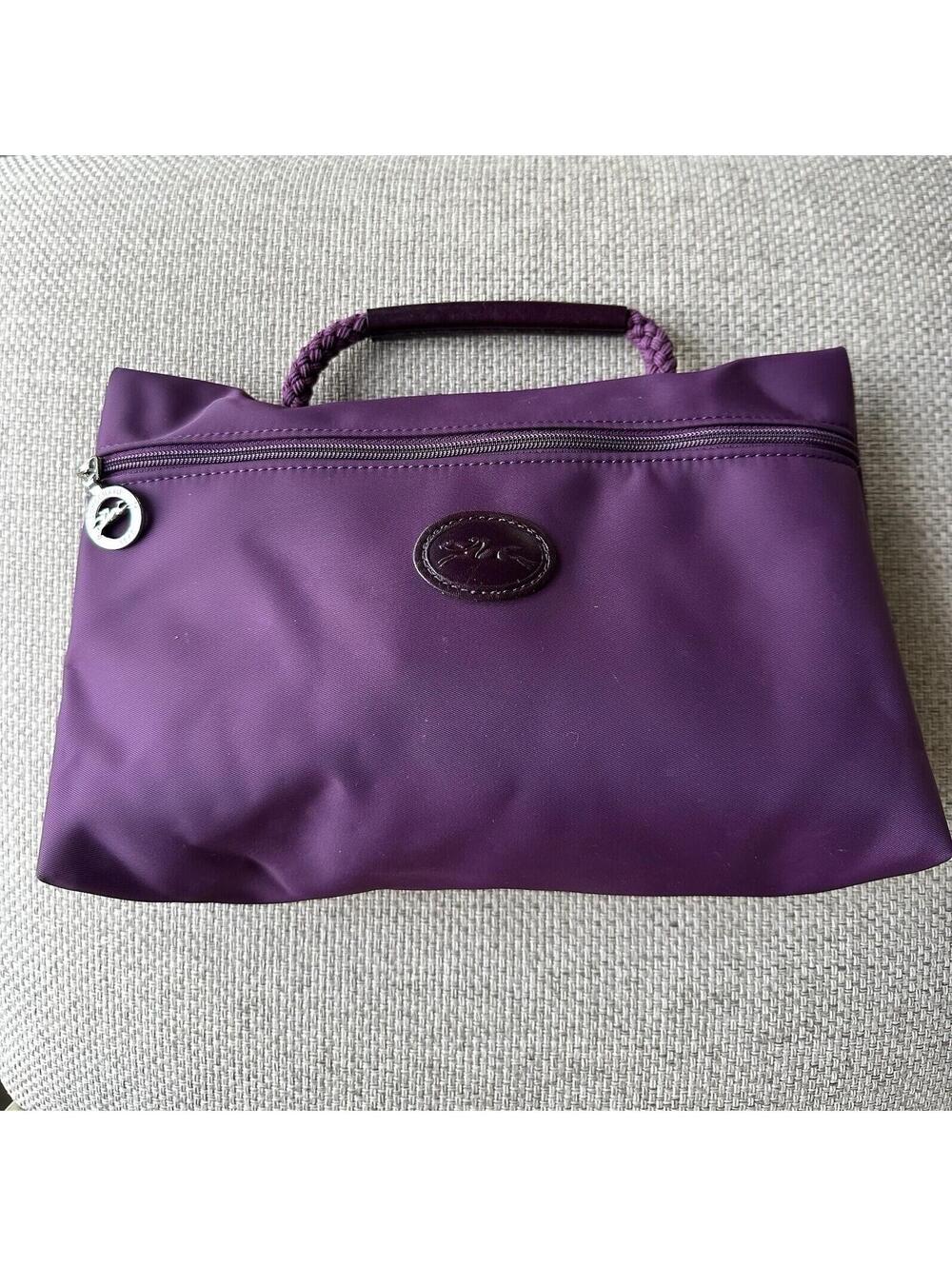 Longchamp Le Pliage Nylon Handbag Pouch Clutch Deep Plum Leather/Braided Handle